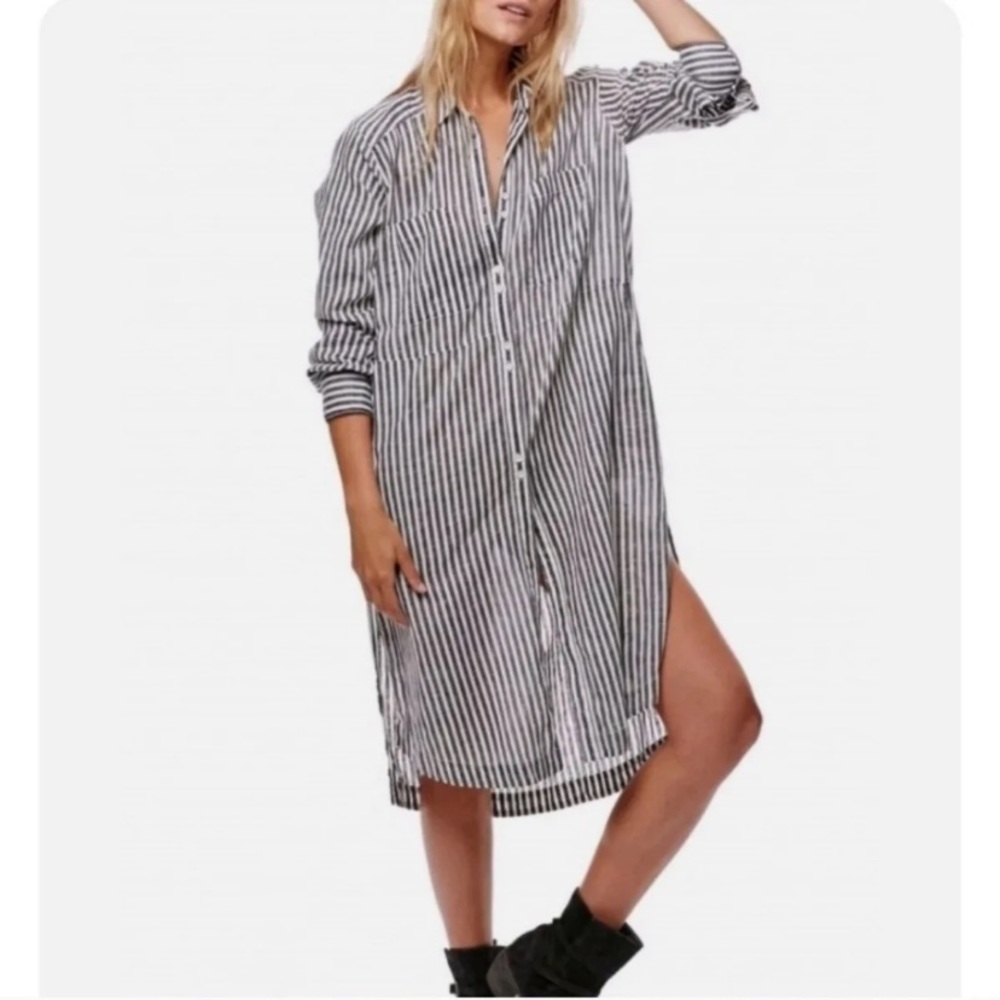 Free People Black and White Striped Long Sleeve Shirt Dress
